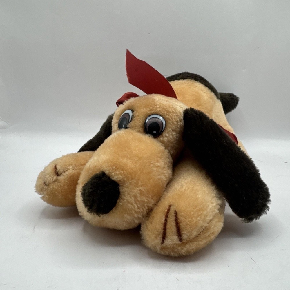 Vintage 11" Plush Dog Brown With Black Ears Red Bow ACE Novelty Carnival Stuffed